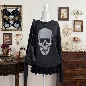 Emo mall goth grunge skull print dark grey cashmere sweater